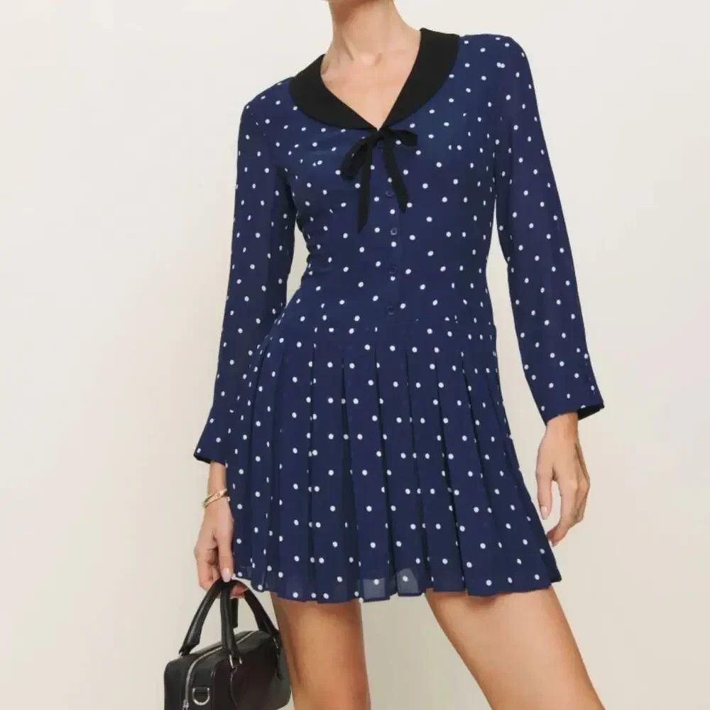 Reformation Tamia Navy Blue Polka Dot Mini Dress 12 Pleat Retro French Chic Prep